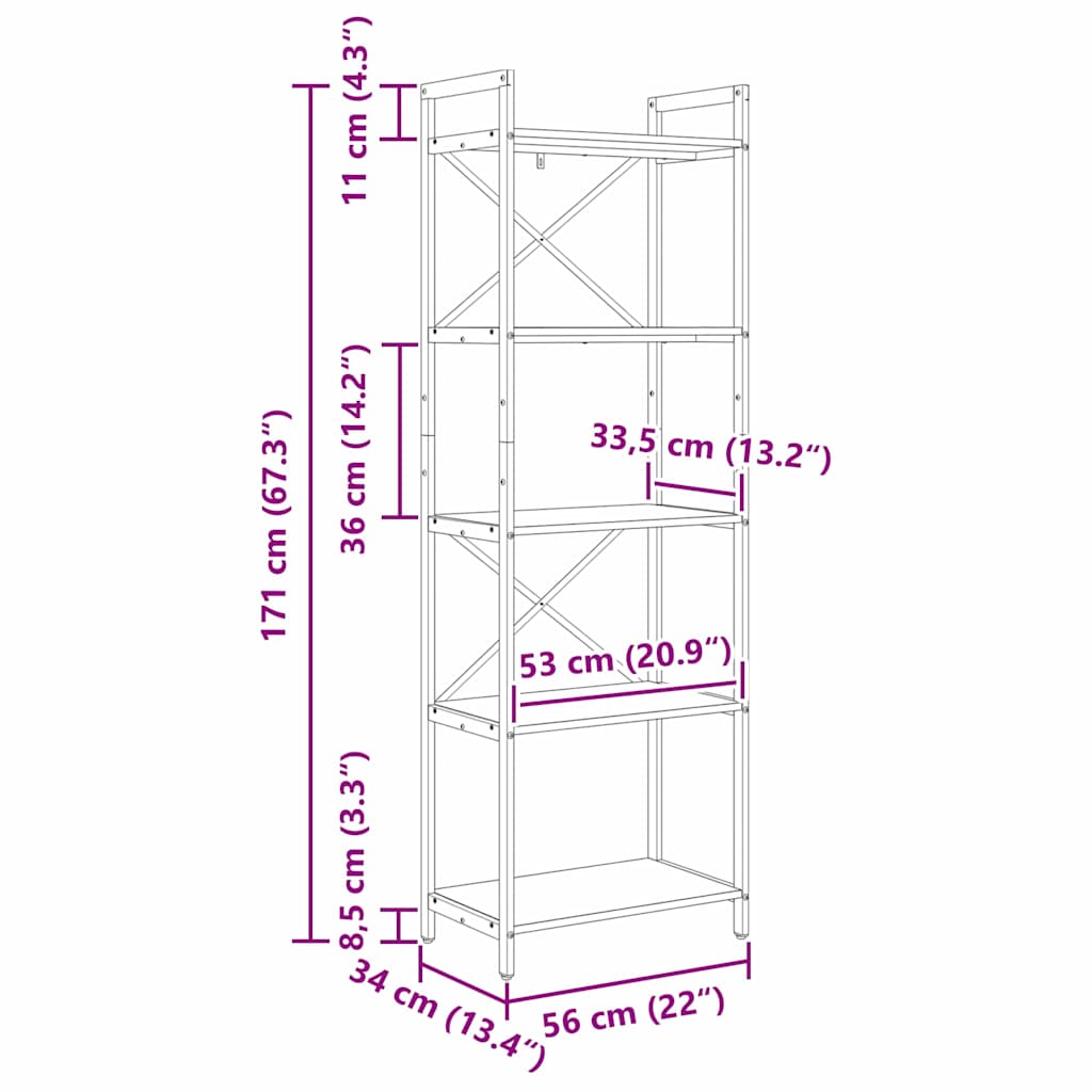 Bogreol 5 niveauer 56 x 34 x 171 cm Konstrueret træ Grå Sonoma