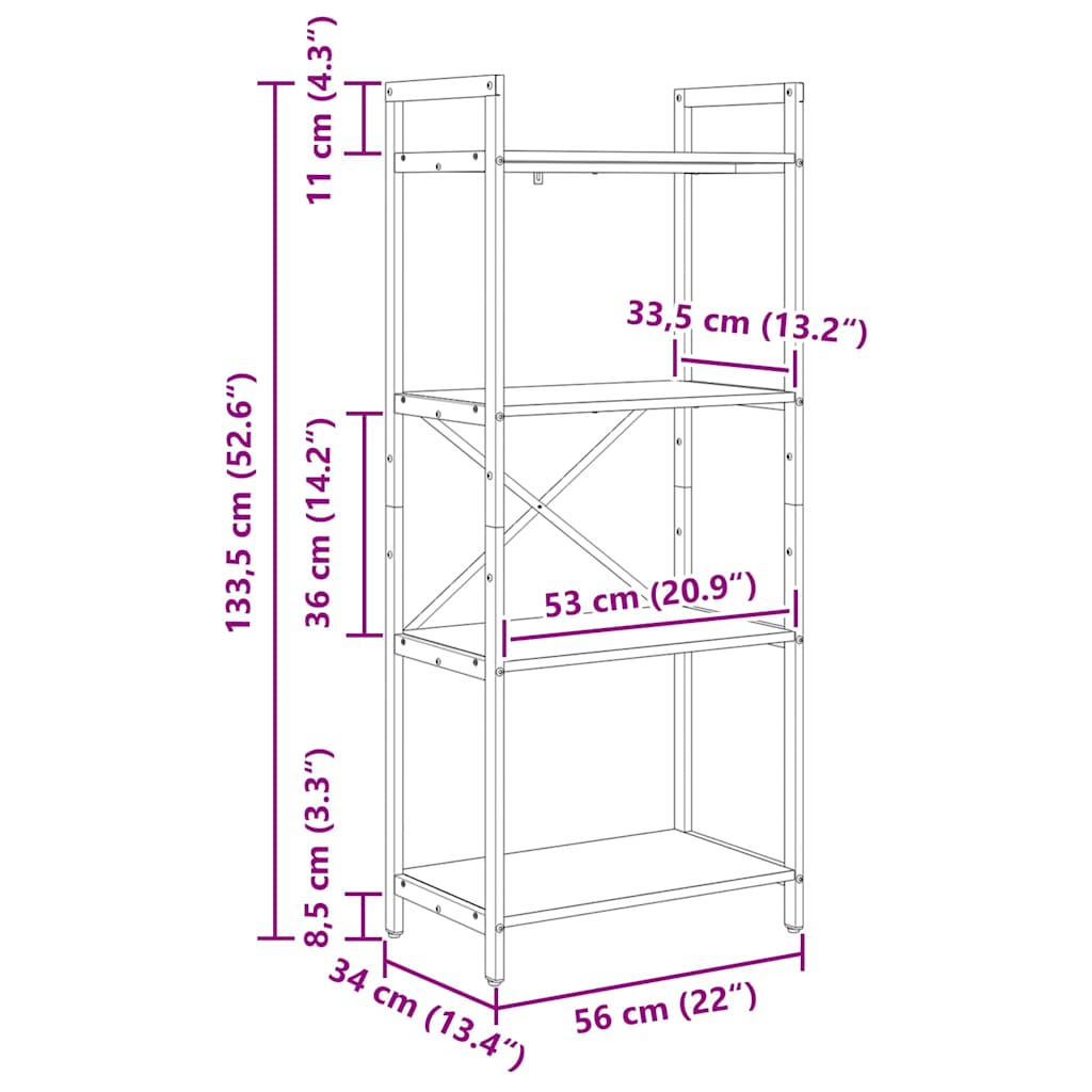 Bogreol 4 niveauer 56 x 34 x 133,5 cm Konstrueret træ Sort eg