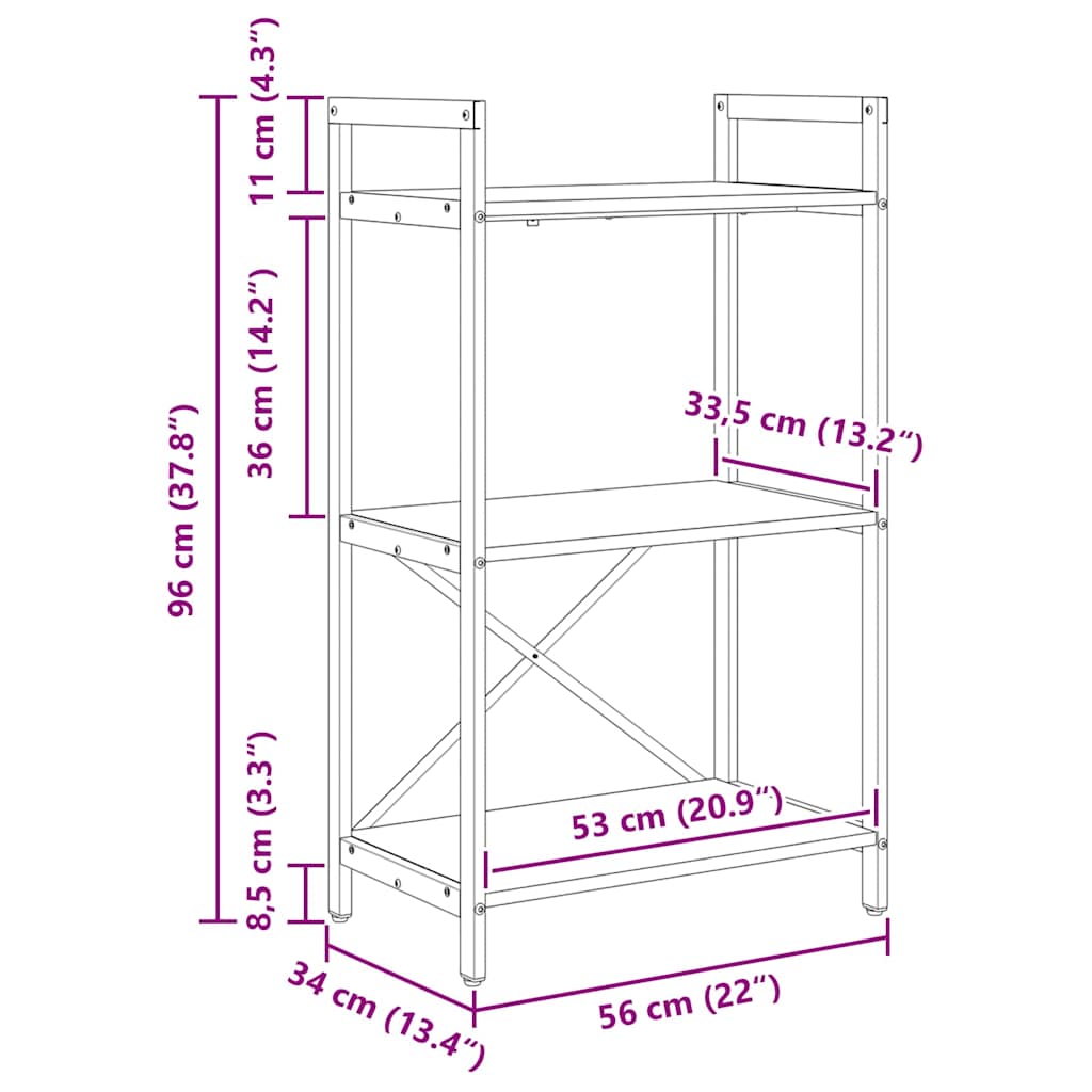 Bogreol 3 niveauer 56 x 34 x 96 cm Konstrueret træ Røget eg