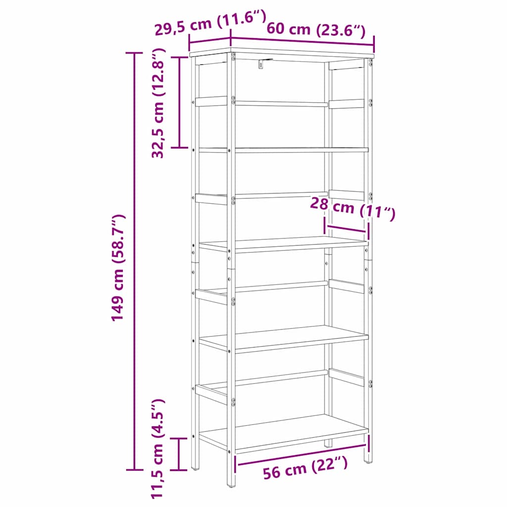 Bogreol 4 niveauer 60 x 29,5 x 149 cm Konstrueret træ Sort eg