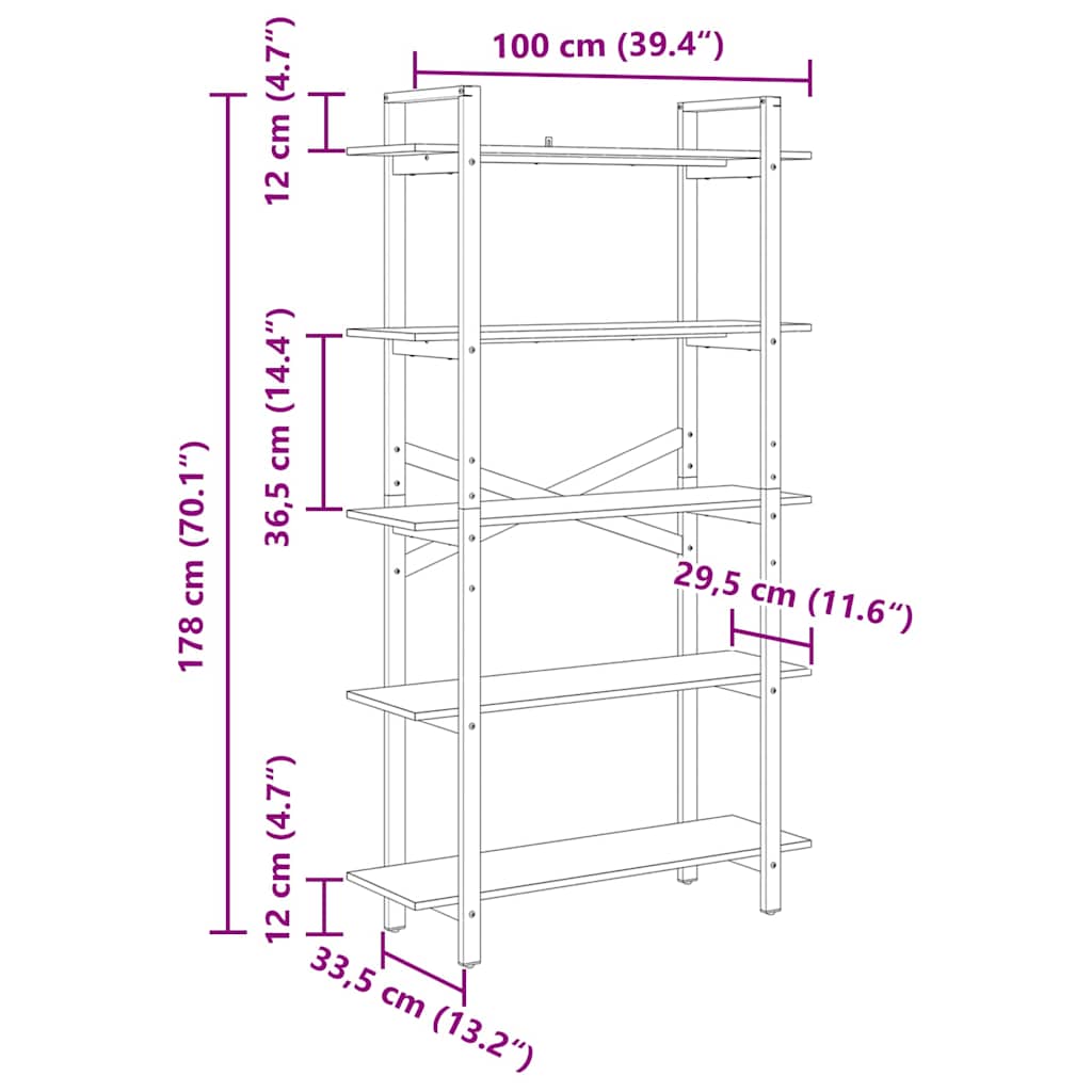 Bogreol 5 niveauer 100 x 33,5 x 178 cm Konstrueret træ Røget eg