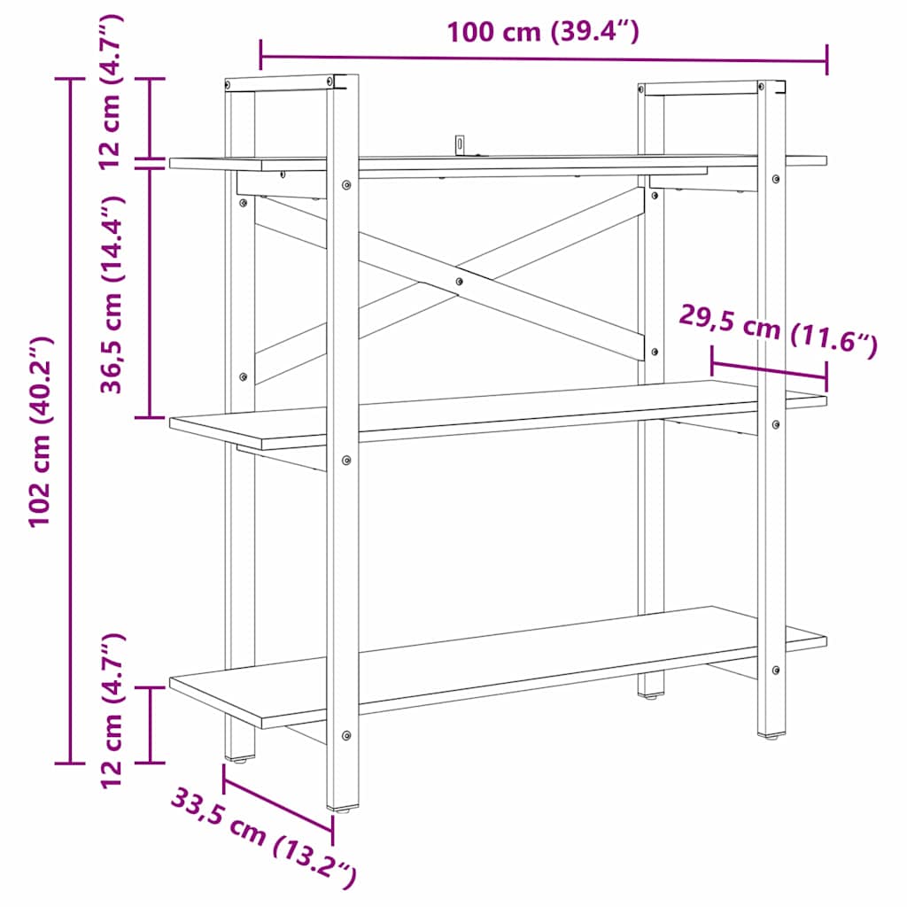 Bogreol 3 niveauer 100 x 33,5 x 102 cm Konstrueret træ Sort eg