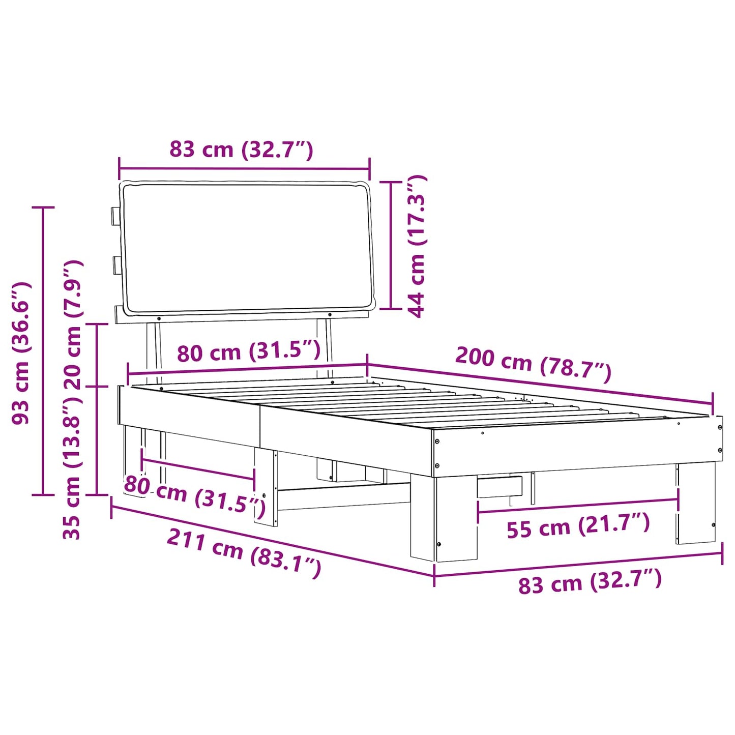 Sengestel med Polstret Hovedgavl Sort 80 x 200 cm