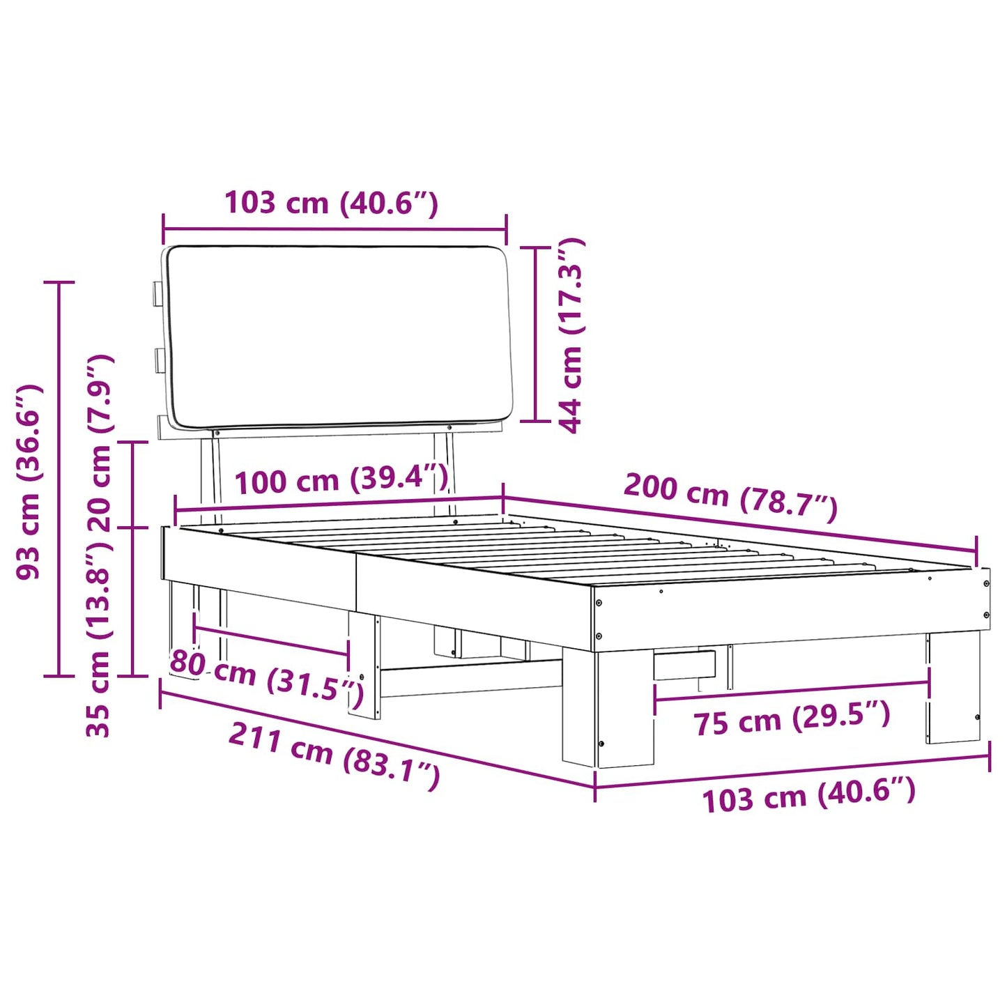 Sengestel med Polstret Hovedgavl Sort 100 x 200 cm