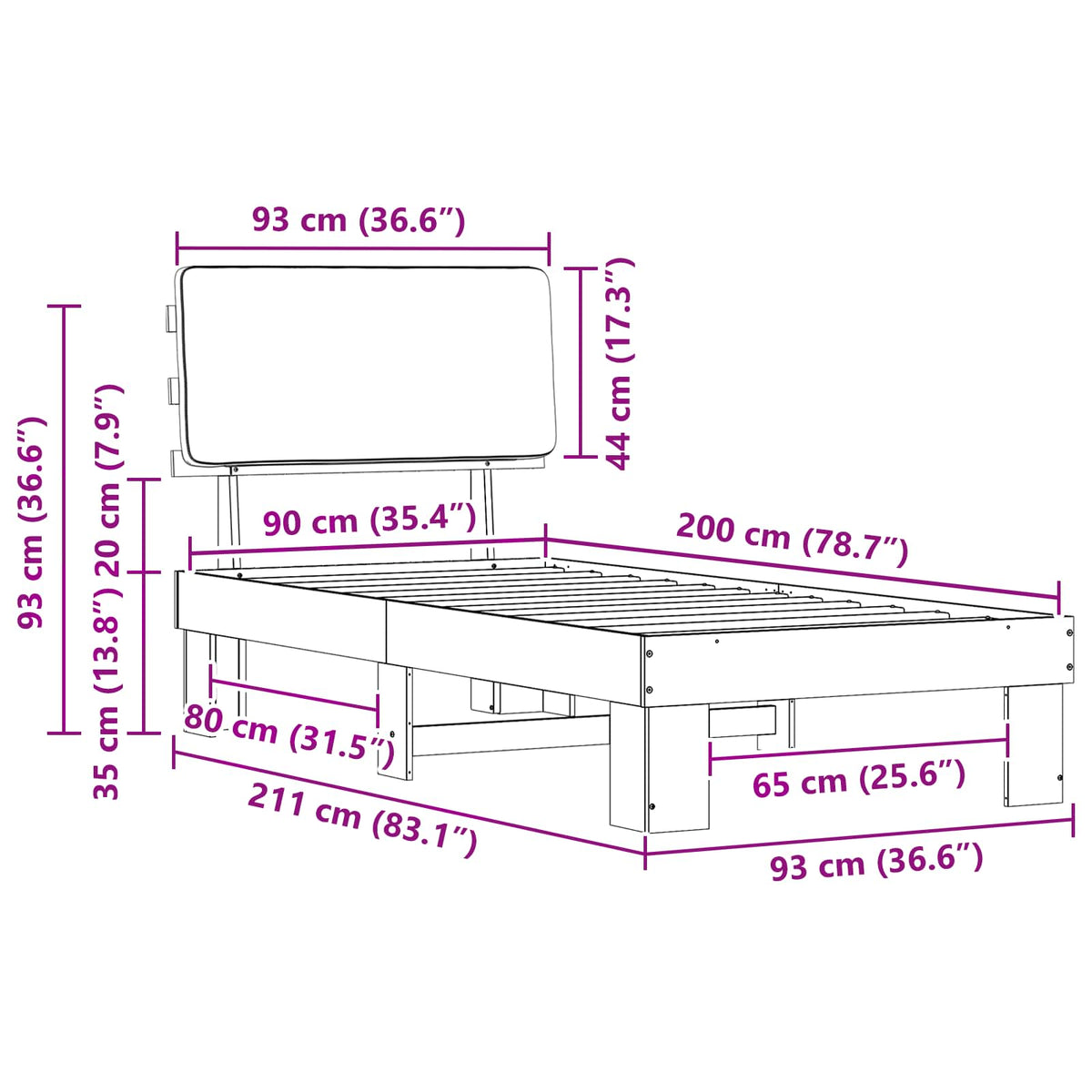 Sengestel med Polstret Hovedgavl Sort 90 x 200 cm