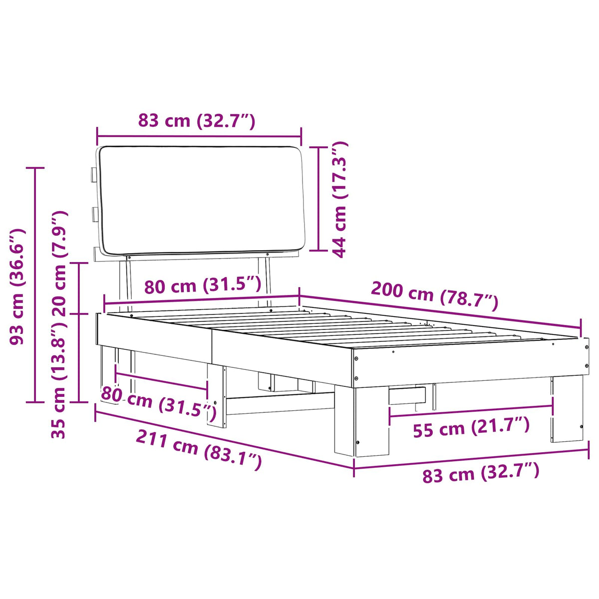 Sengestel med Polstret Hovedgavl Sort 80 x 200 cm