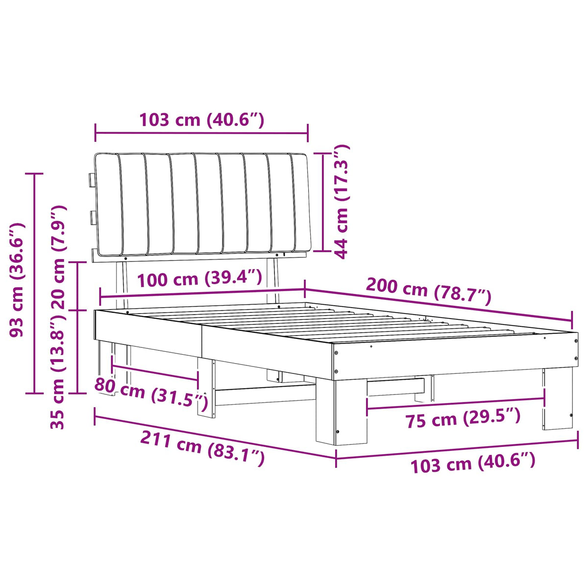 Sengestel med Polstret Hovedgavl Mørkegrå 100 x 200 cm