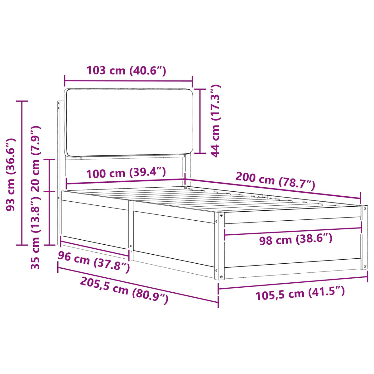 Sengestel med Polstret Hovedgavl Sort 100 x 200 cm