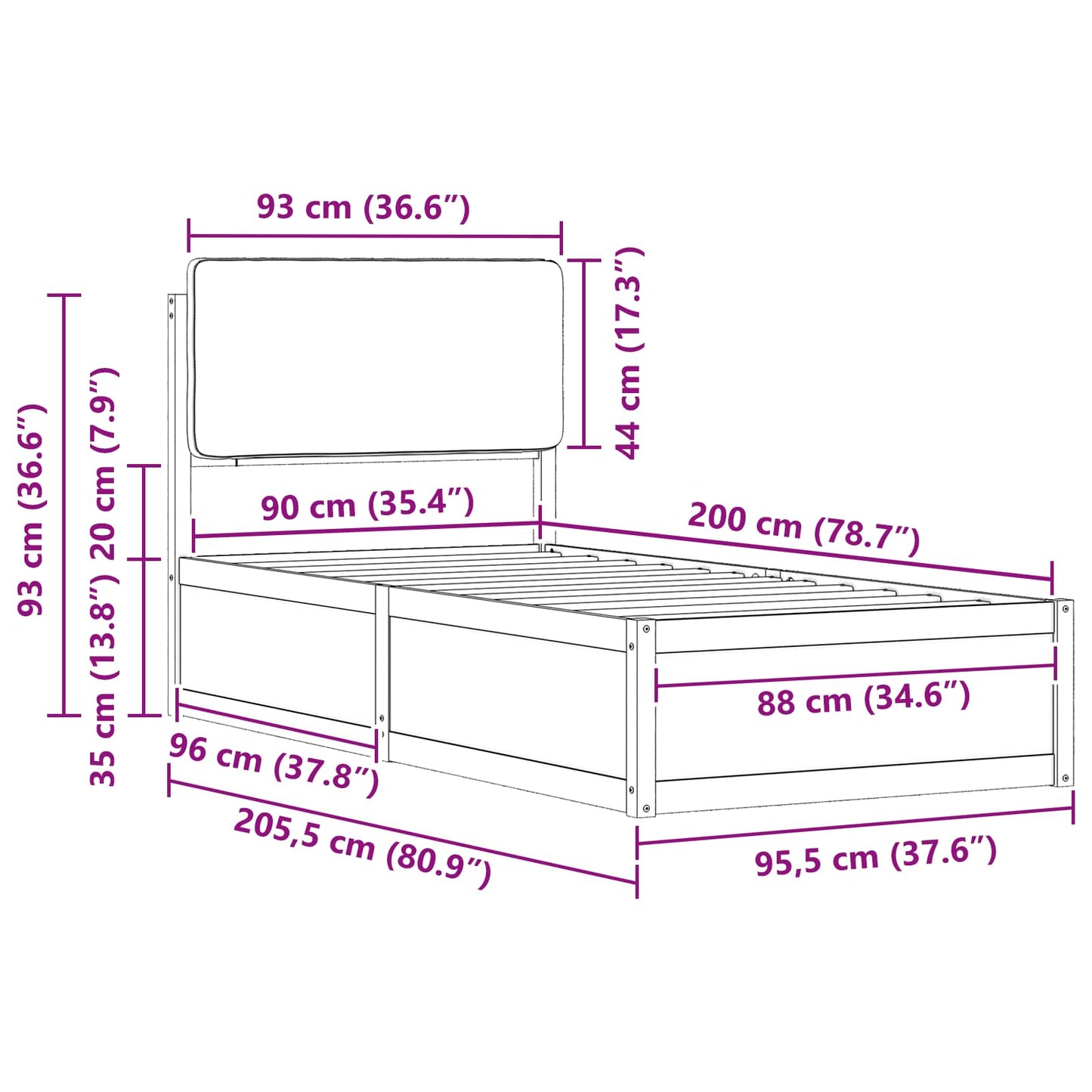 Sengestel med Polstret Hovedgavl Mørkegrå 90 x 200 cm