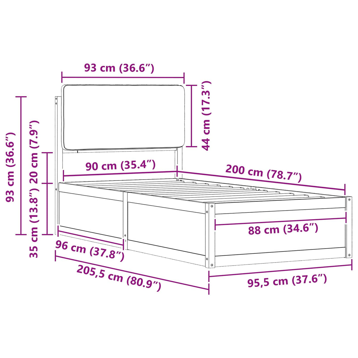 Sengestel med Polstret Hovedgavl Sort 90 x 200 cm