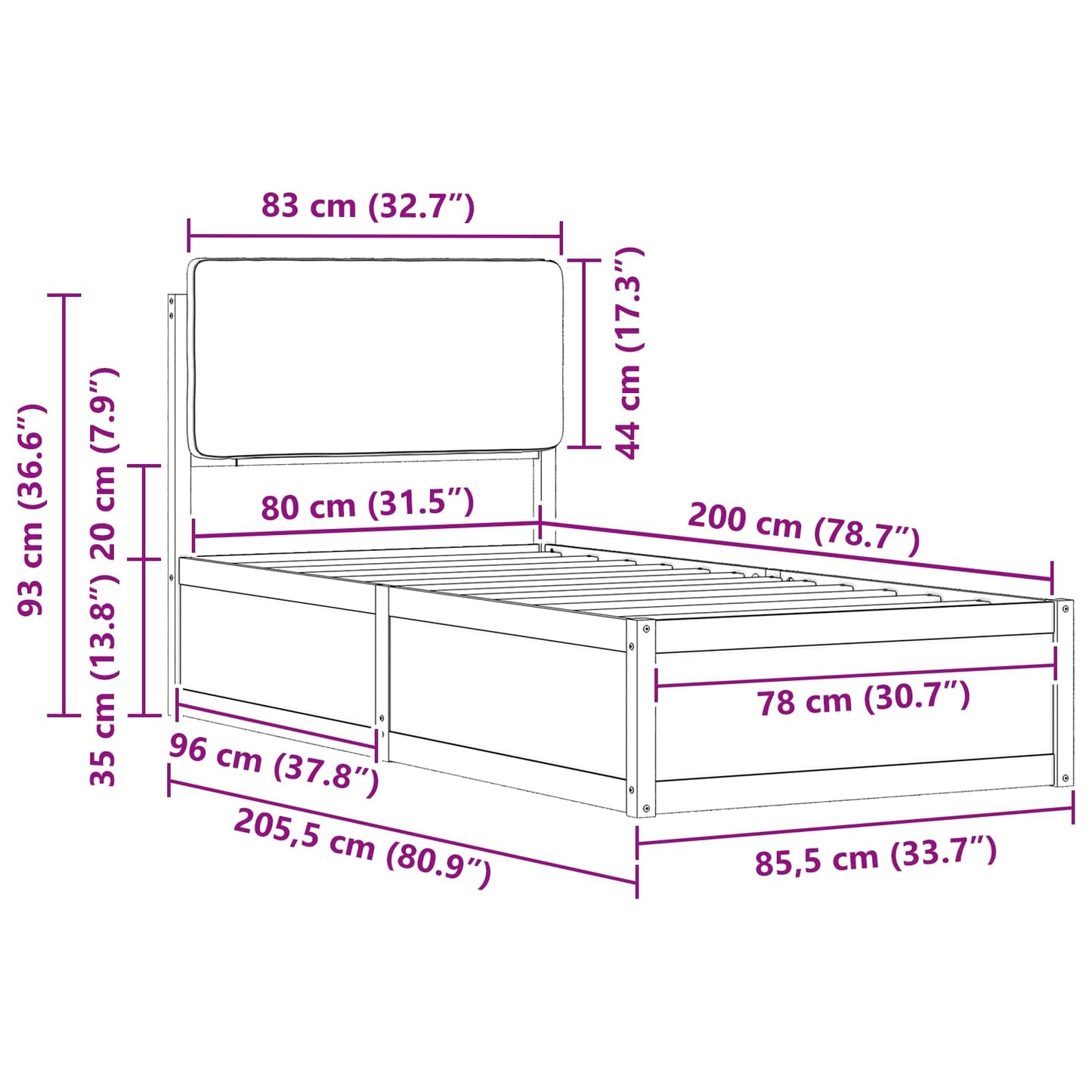 Sengestel med Polstret Hovedgavl Mørkegrå 80 x 200 cm