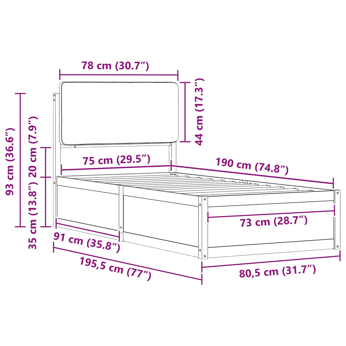 Sengestel med Polstret Hovedgavl Sort 75 x 190 cm
