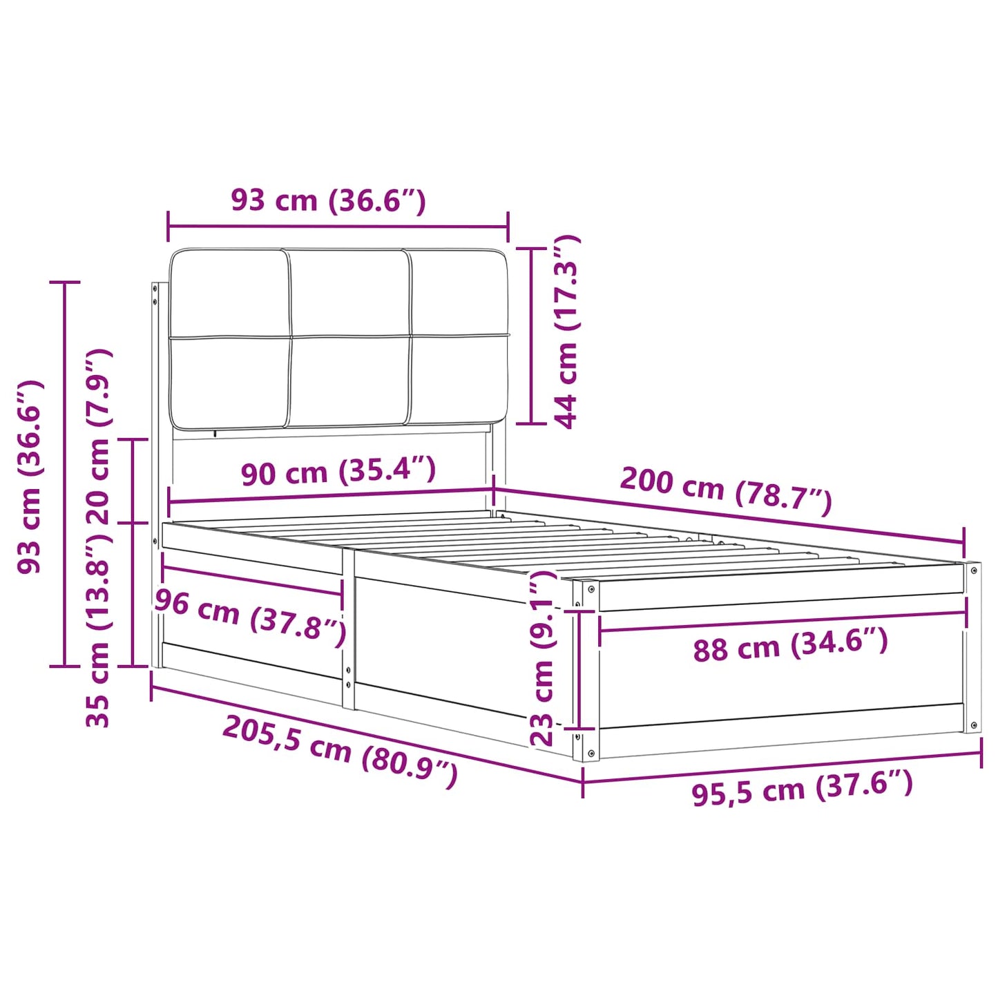 Sengestel med Polstret Hovedgavl Gråbrun 90 x 200 cm
