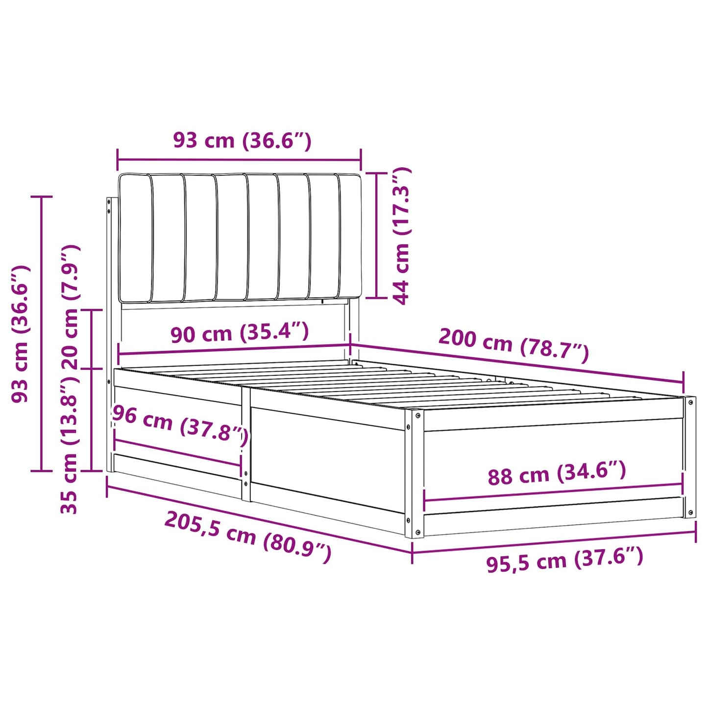 Sengestel med Polstret Hovedgavl Sort 90 x 200 cm