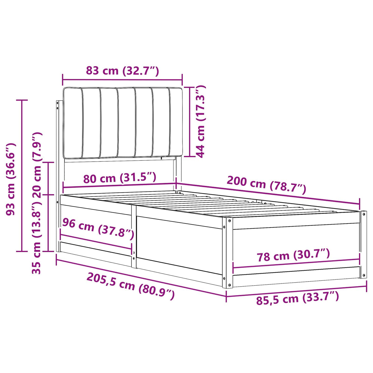 Sengestel med Polstret Hovedgavl Mørkegrå 80 x 200 cm