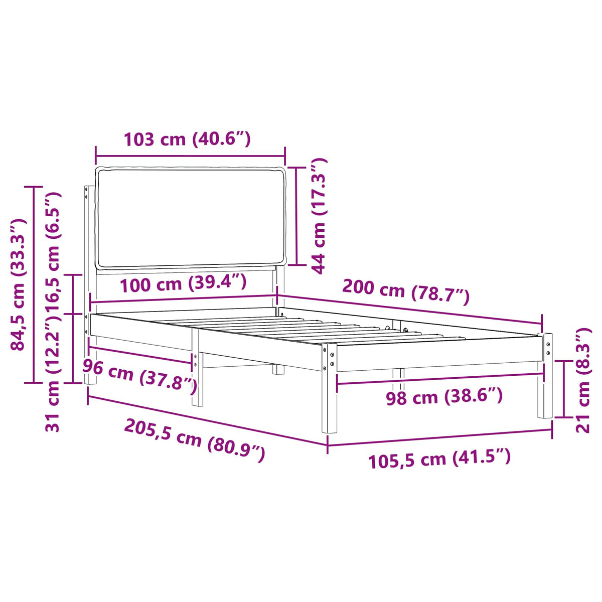 Sengestel med Polstret Hovedgavl Lysegrå 100 x 200 cm