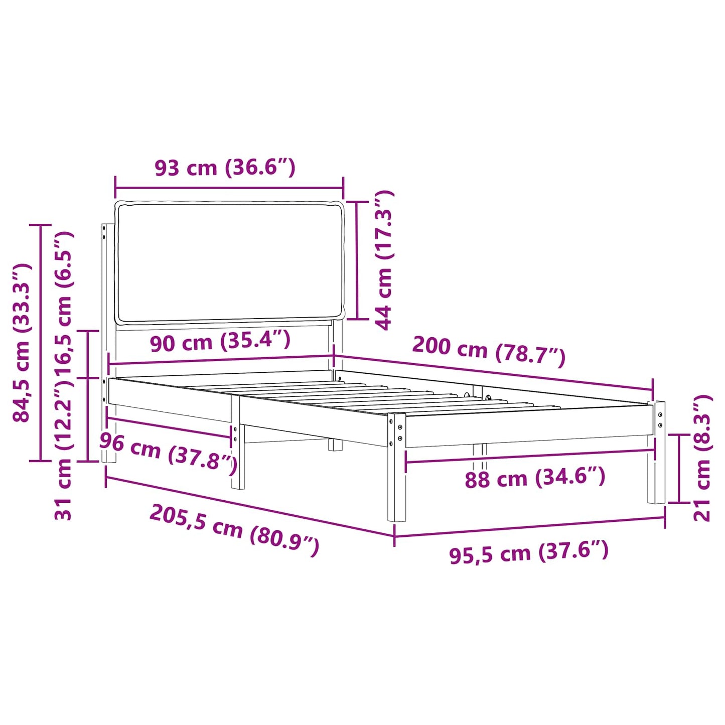 Sengestel med Polstret Hovedgavl Lysegrå 90 x 200 cm