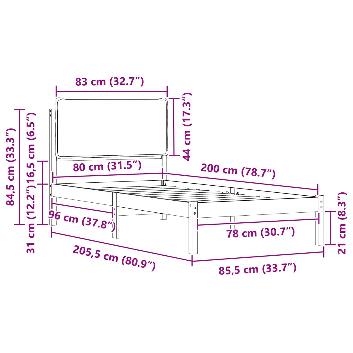 Sengestel med Polstret Hovedgavl Sort 80 x 200 cm