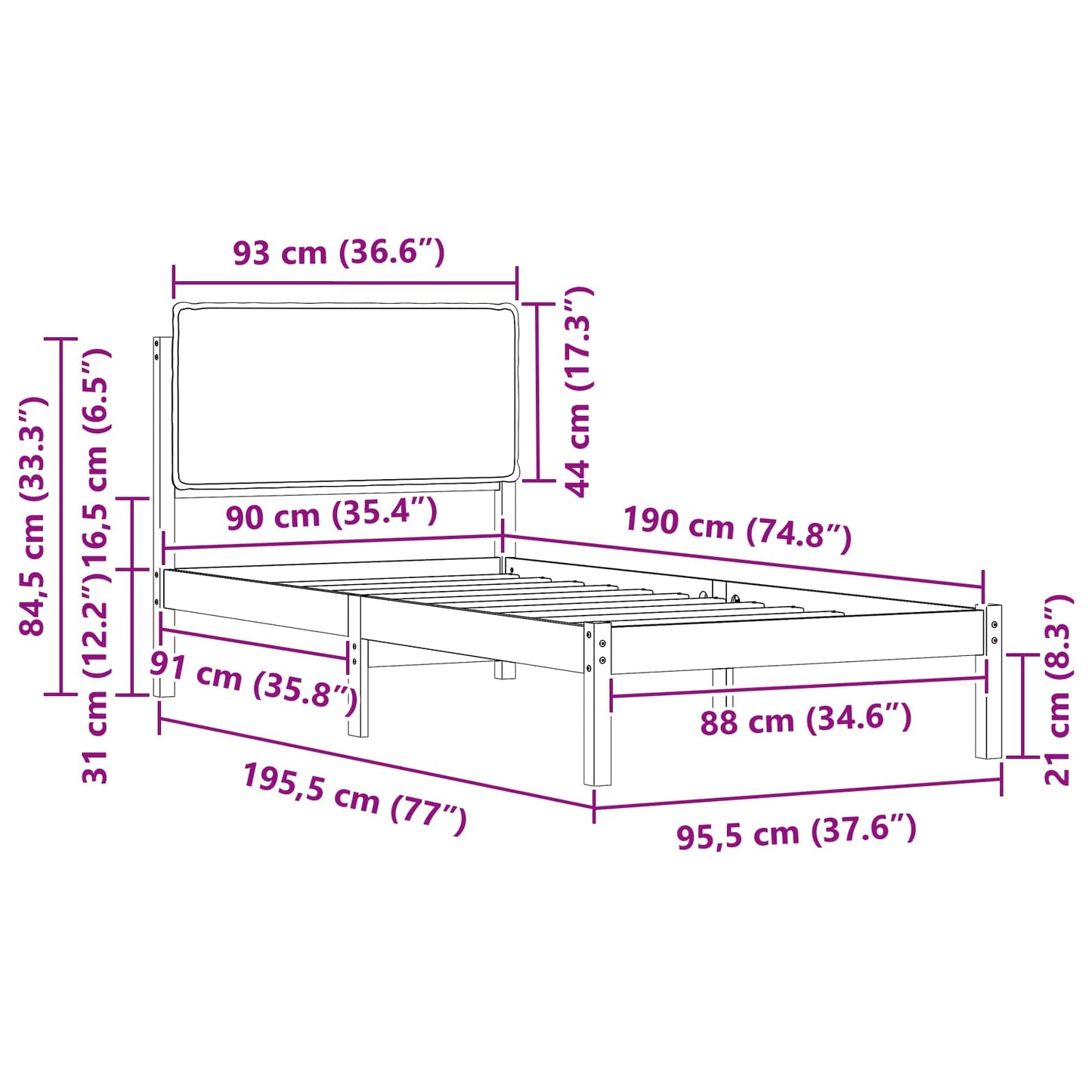 Sengestel med Polstret Hovedgavl Gråbrun 90 x 190 cm