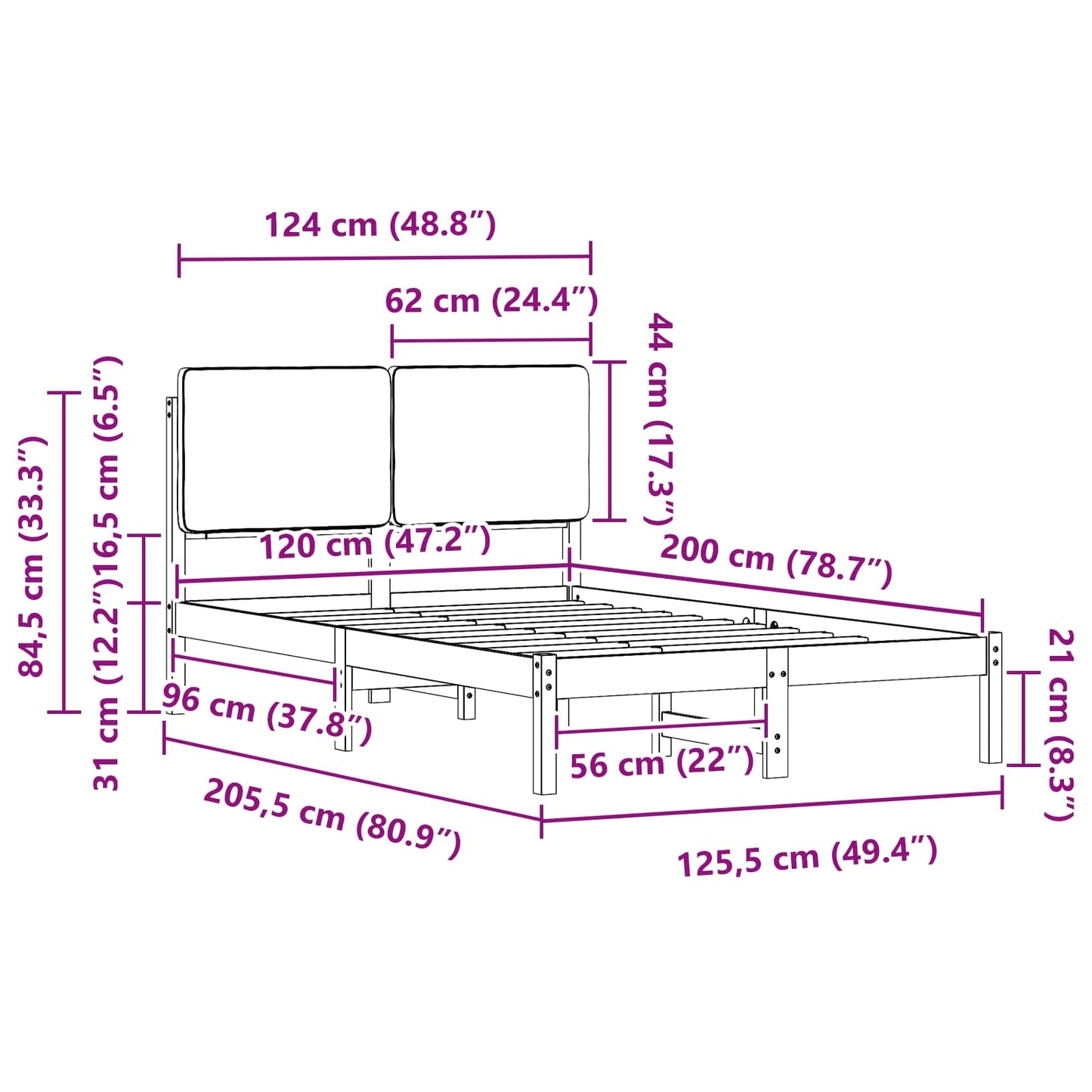 Sengestel med Polstret Hovedgavl Mørkegrå 120 x 200 cm