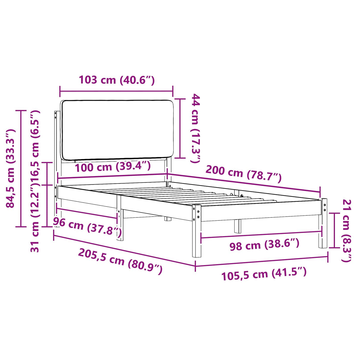 Sengestel med Polstret Hovedgavl Lysegrå 100 x 200 cm