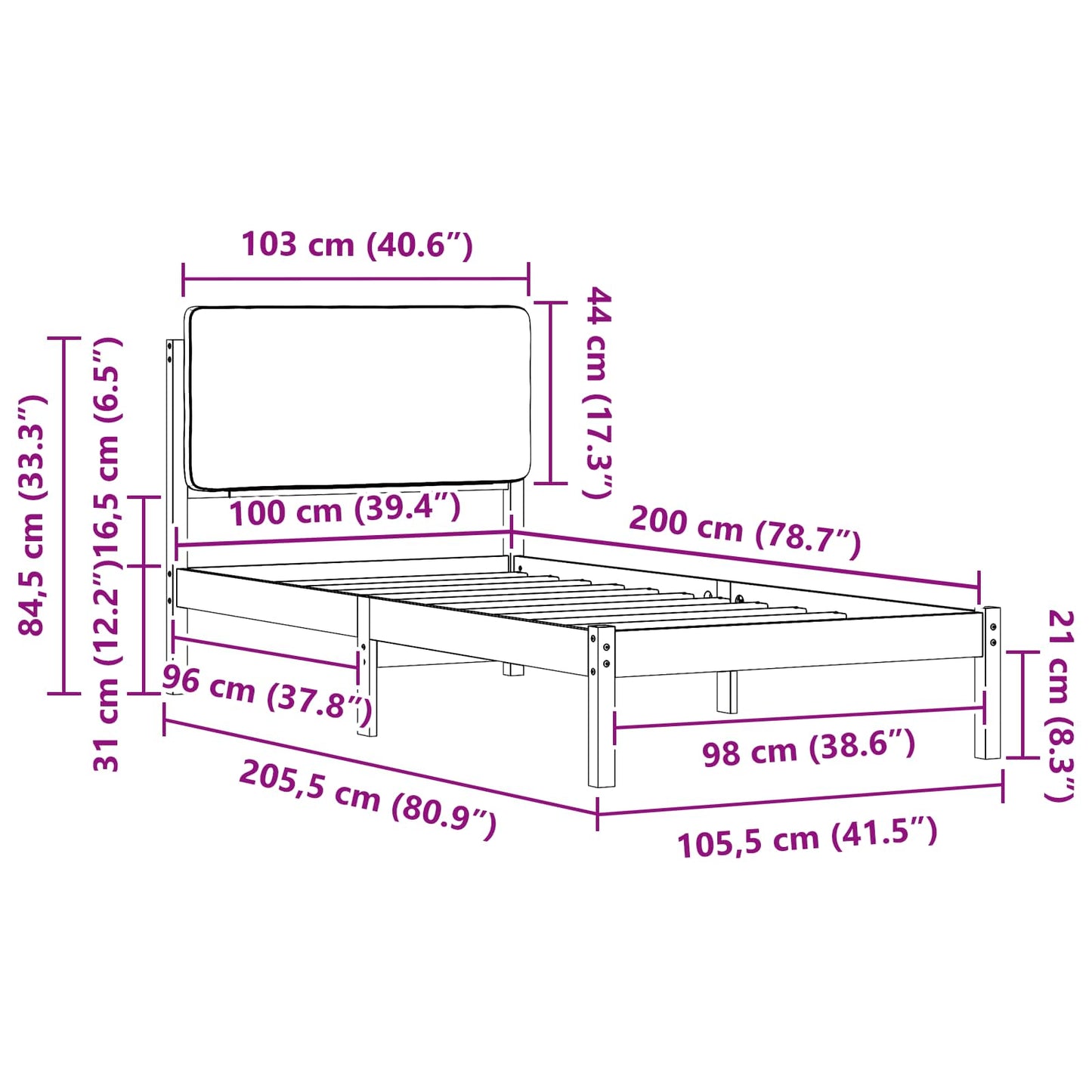 Sengestel med Polstret Hovedgavl Lysegrå 100 x 200 cm