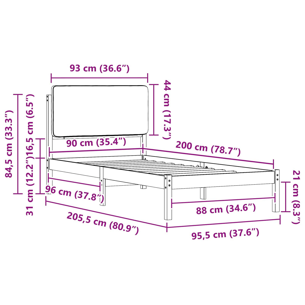 Sengestel med Polstret Hovedgavl Gråbrun 90 x 200 cm