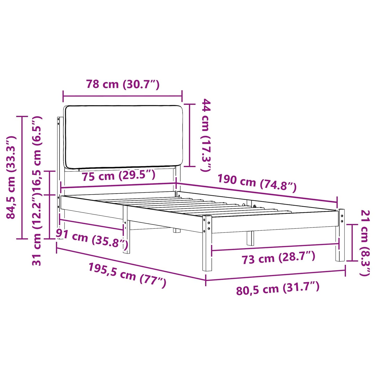 Sengestel med Polstret Hovedgavl Mørkegrå 75 x 190 cm