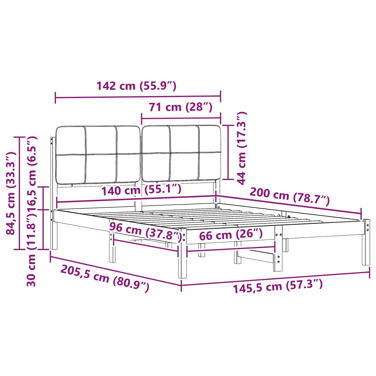 Sengestel med Polstret Hovedgavl Sort 140 x 200 cm