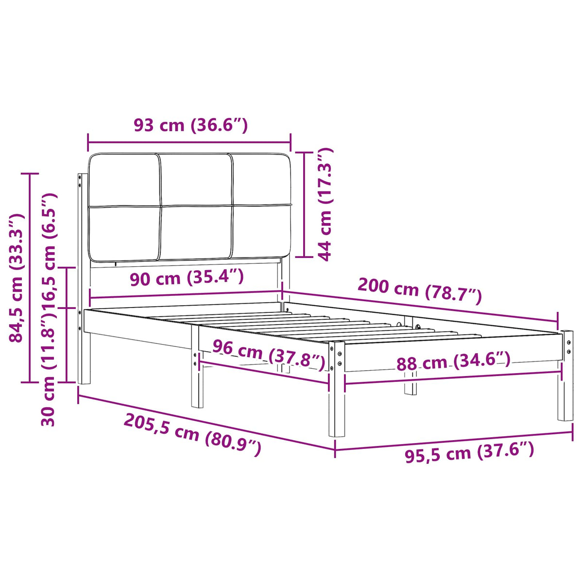 Sengestel med Polstret Hovedgavl Sort 90 x 200 cm