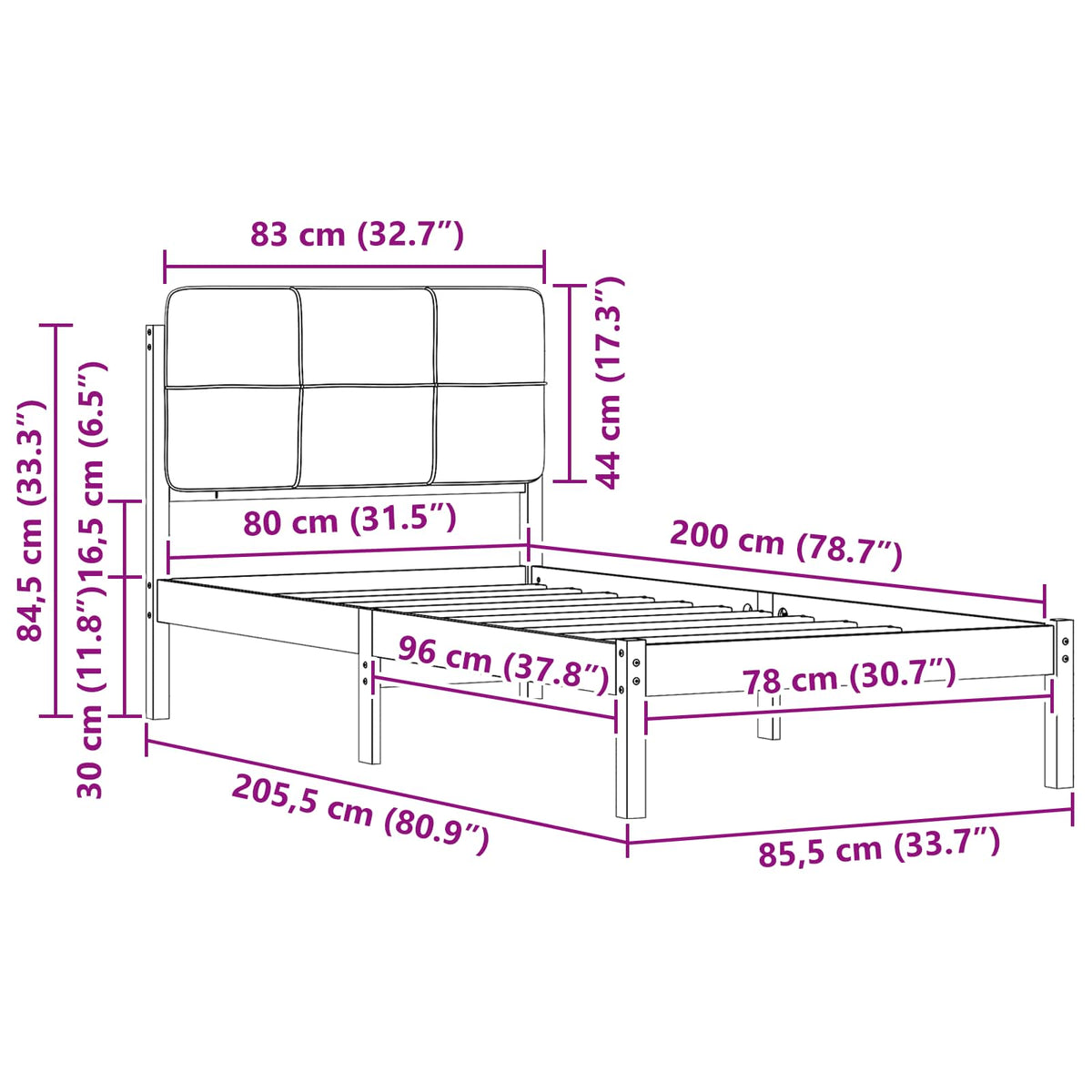 Sengestel med Polstret Hovedgavl Mørkegrå 80 x 200 cm