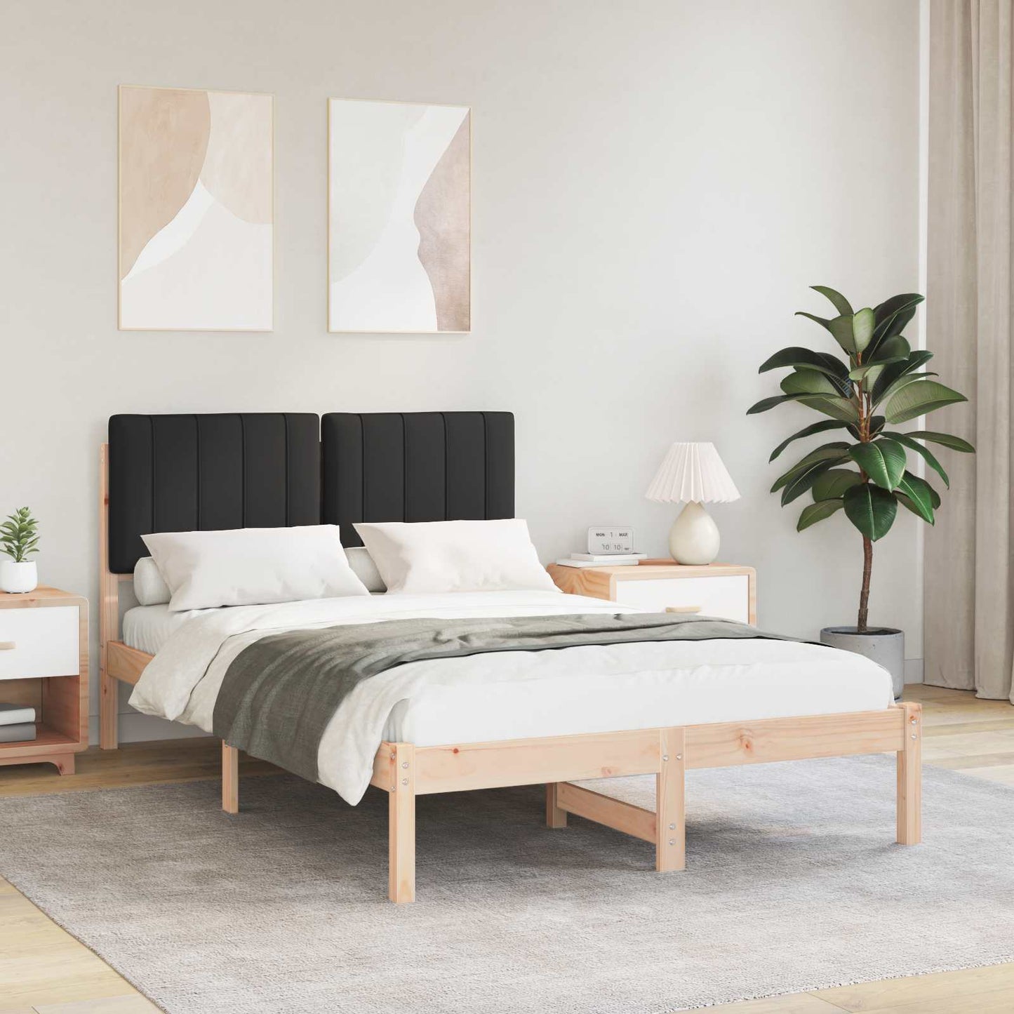 Sengestel med Polstret Hovedgavl Naturlig og sort 120 x 200 cm