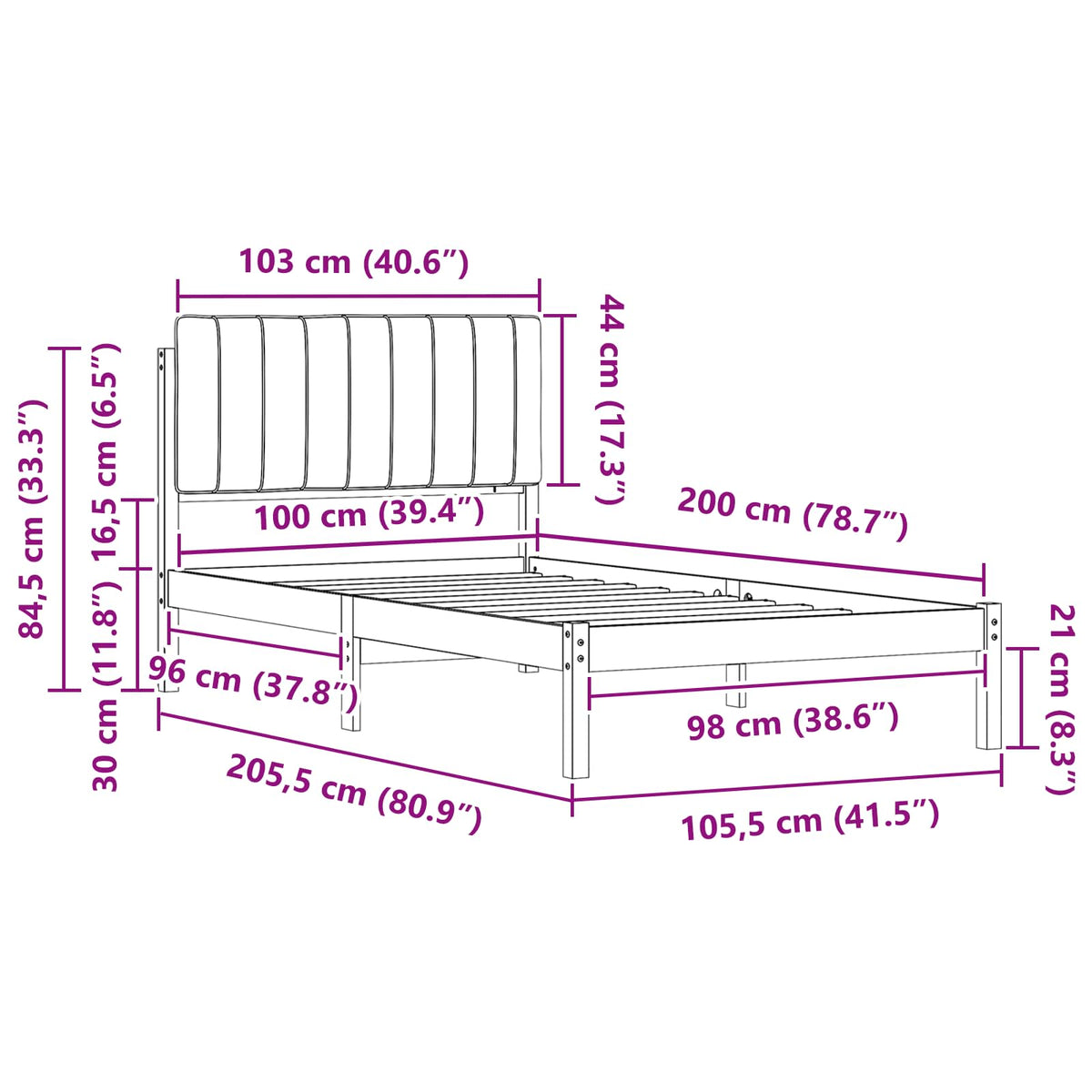 Sengestel med Polstret Hovedgavl Lysegrå 100 x 200 cm