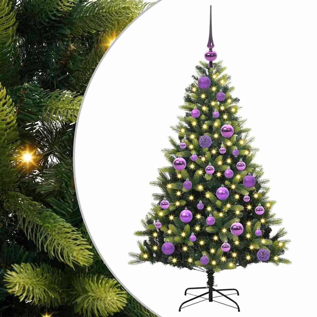 Kunstig hængslet juletræ med 150 LED-lys Grøn 120 cm PVC og PE