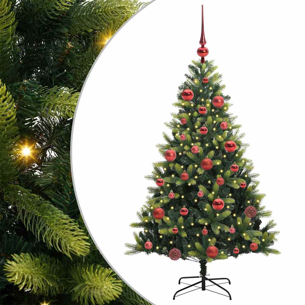 Kunstig hængslet juletræ med 150 LED-lys Grøn 150 cm PVC og PE