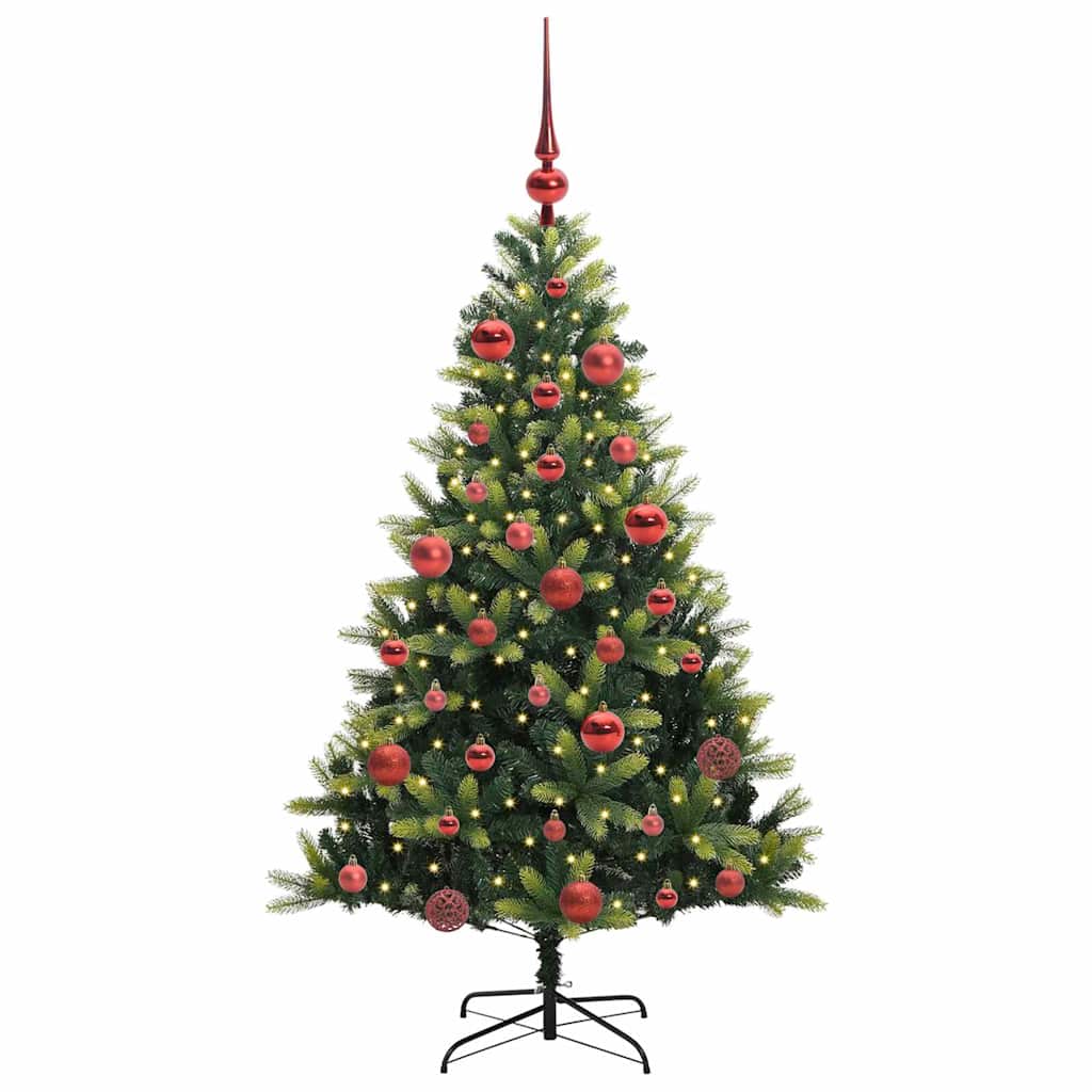Kunstig hængslet juletræ med 150 LED-lys Grøn 150 cm PVC og PE