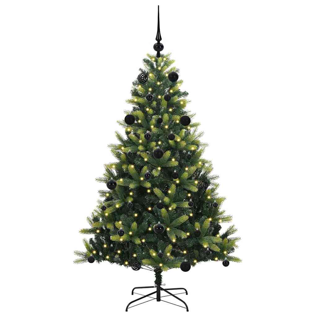 Kunstig hængslet juletræ med 150 LED-lys Grøn 150 cm PVC og PE