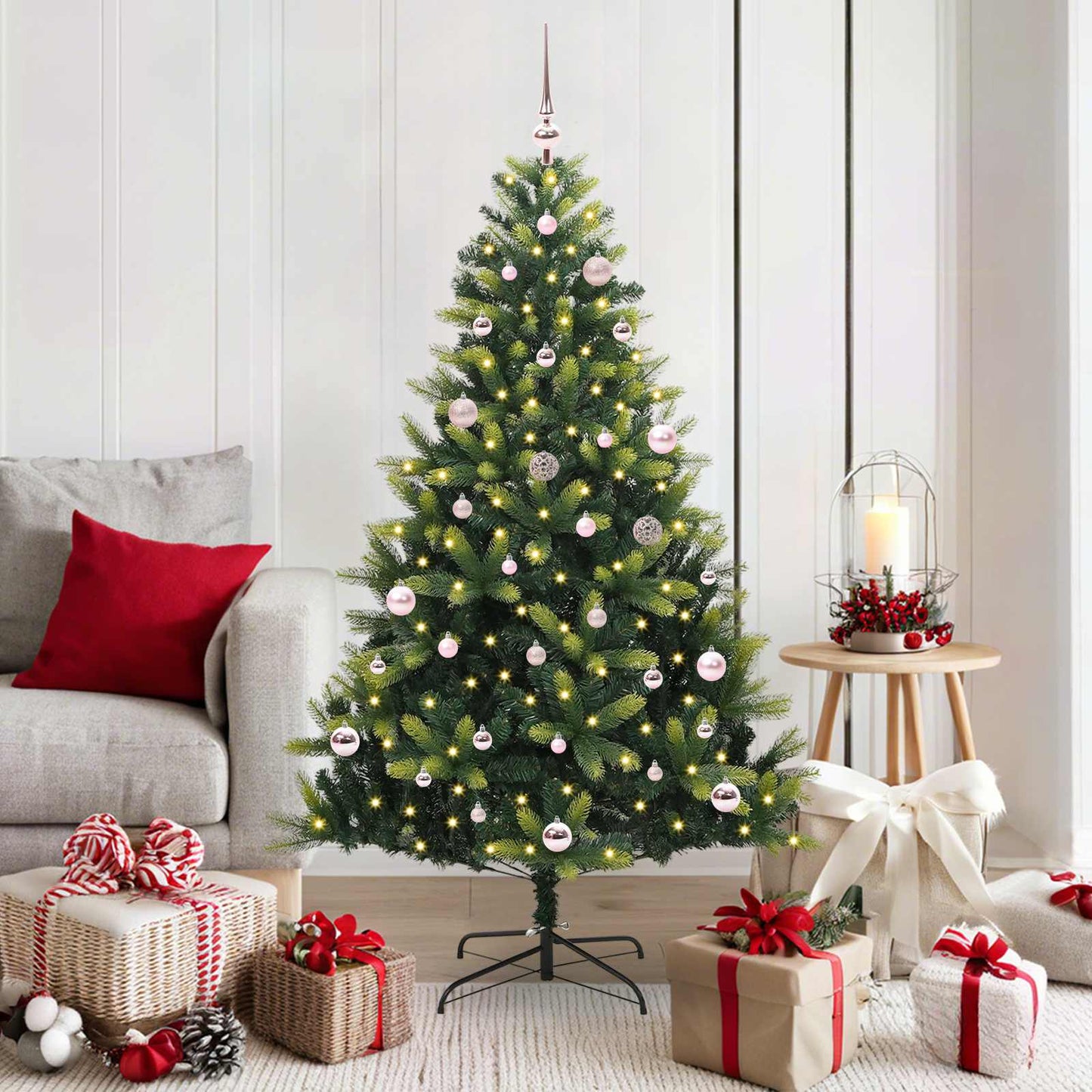 Kunstig hængslet juletræ med 150 LED-lys Grøn 150 cm PVC og PE