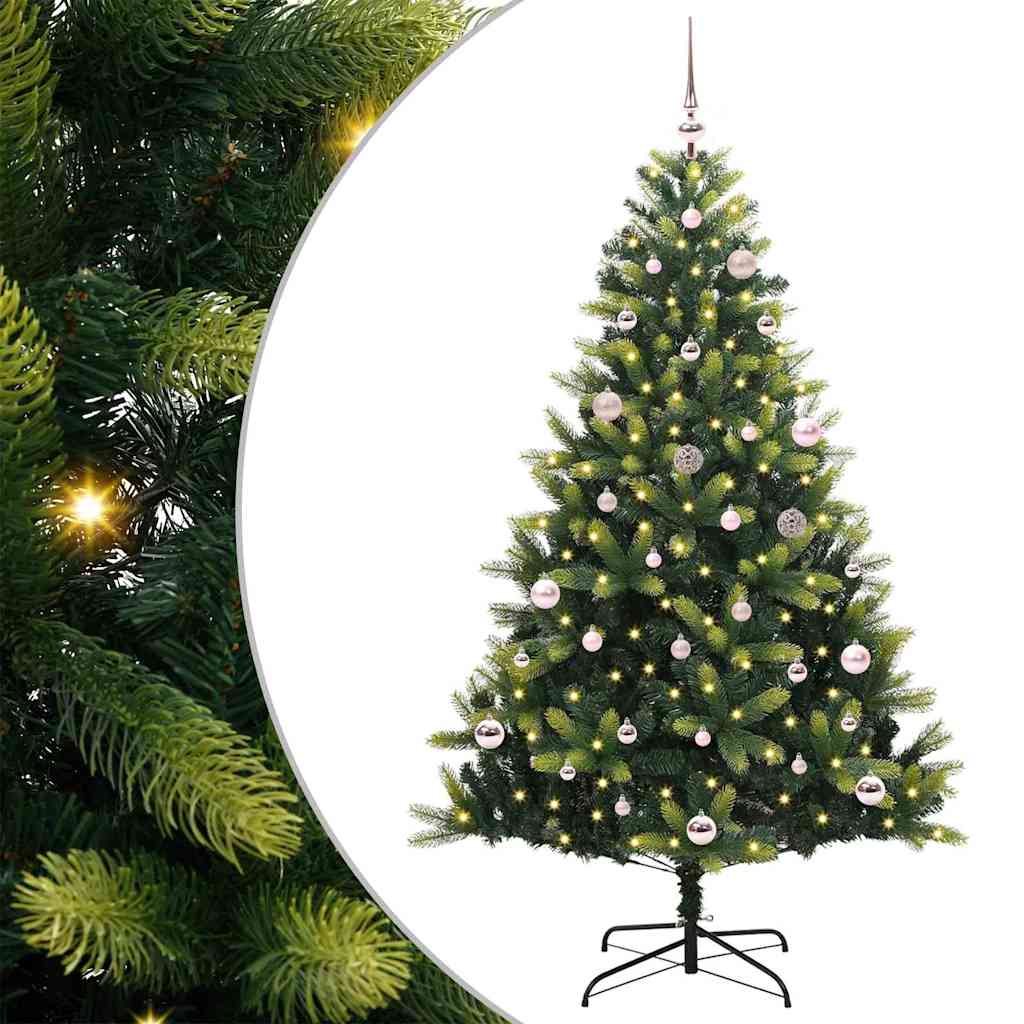 Kunstig hængslet juletræ med 150 LED-lys Grøn 150 cm PVC og PE