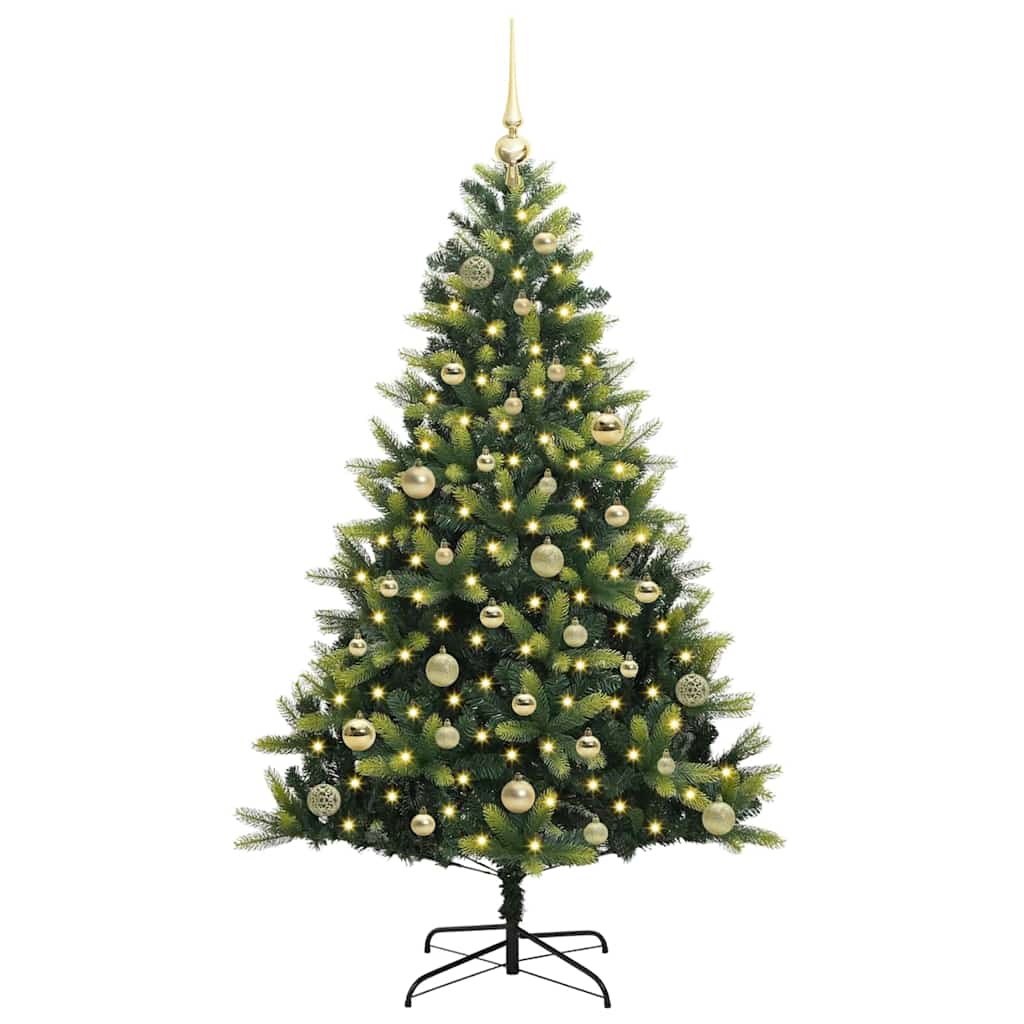 Kunstig hængslet juletræ med 150 LED-lys Grøn 150 cm PVC og PE