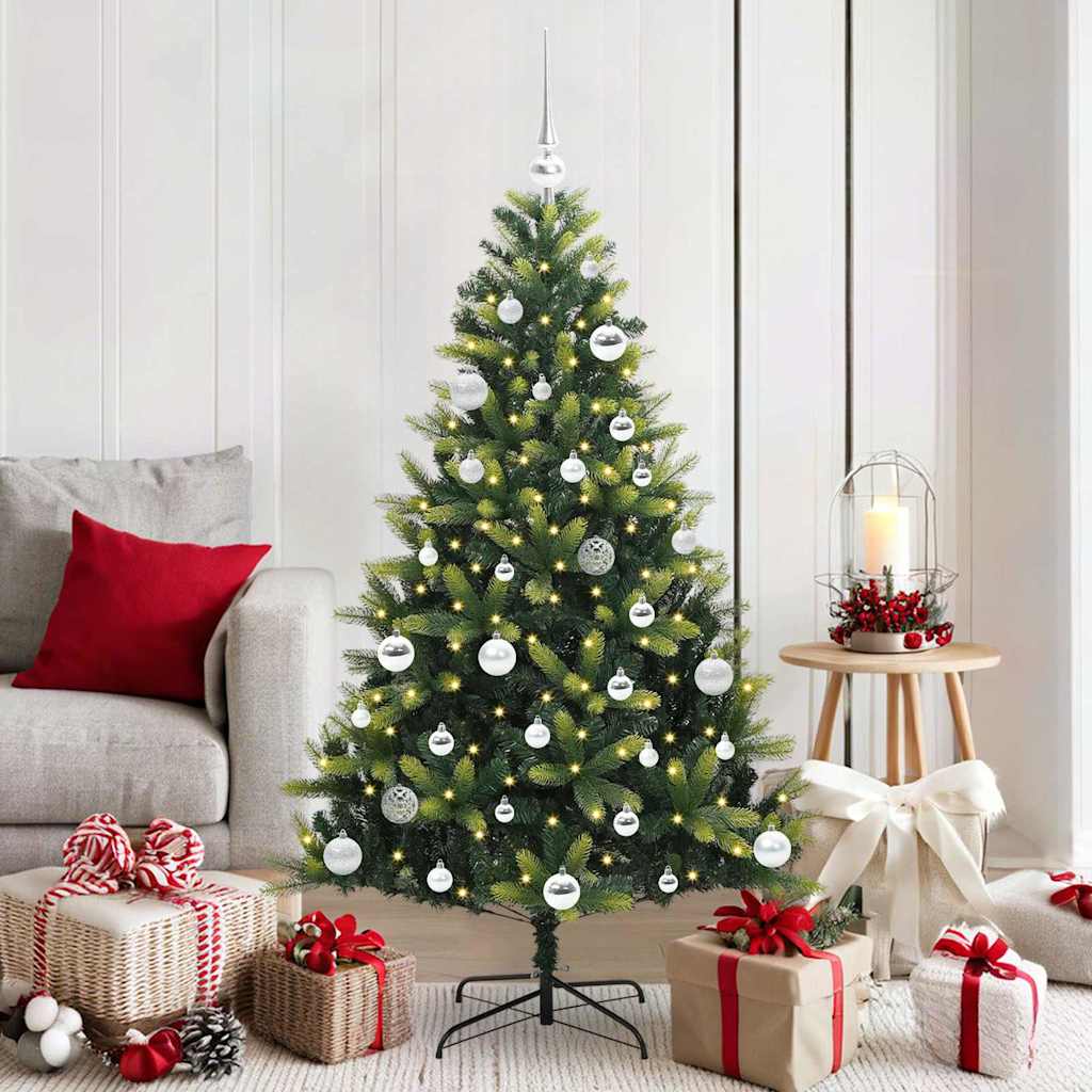 Kunstig hængslet juletræ med 150 LED-lys Grøn 150 cm PVC og PE