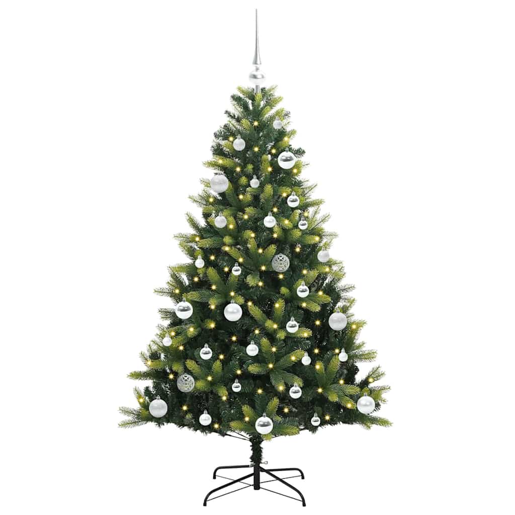Kunstig hængslet juletræ med 150 LED-lys Grøn 150 cm PVC og PE