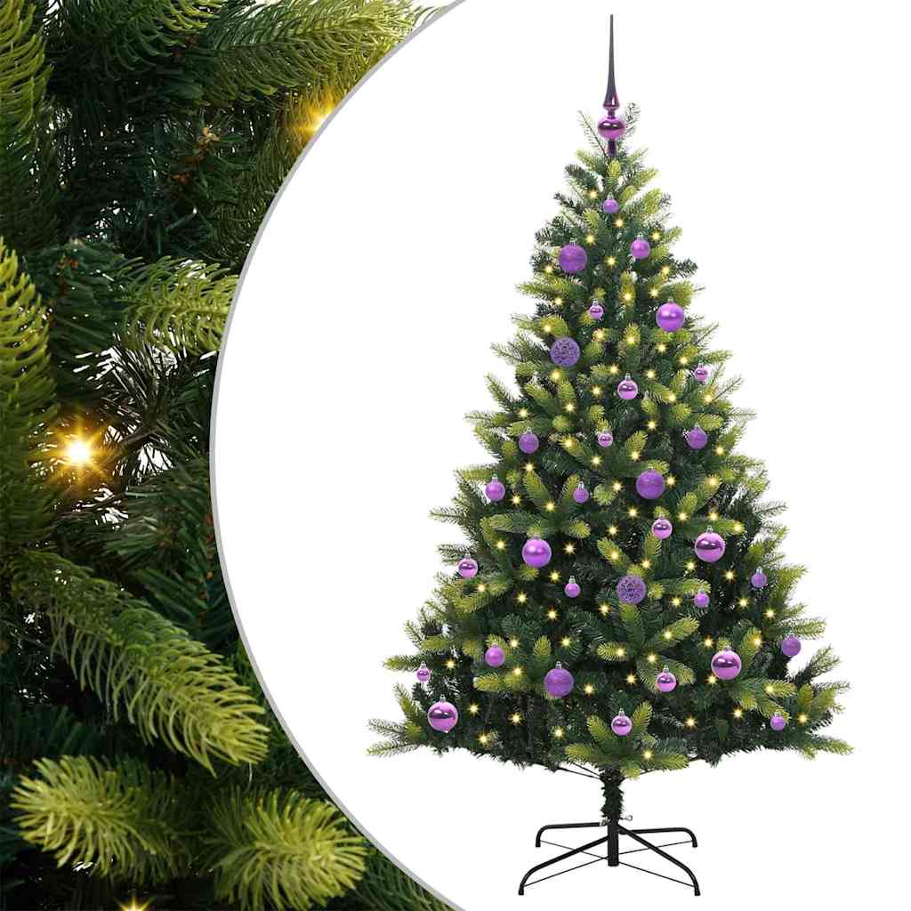 Kunstig hængslet juletræ med 150 LED-lys Grøn 150 cm PVC og PE