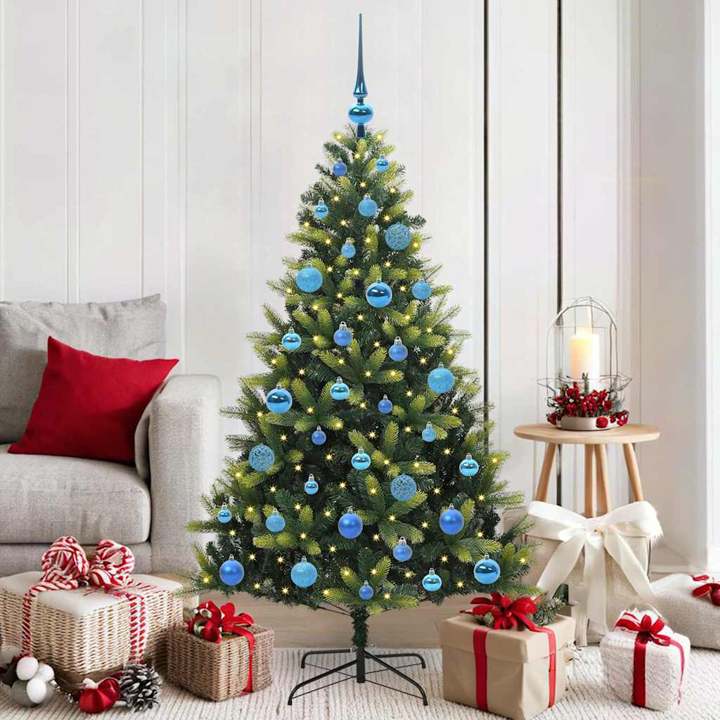 Kunstig hængslet juletræ med 150 LED-lys Grøn 150 cm PVC og PE