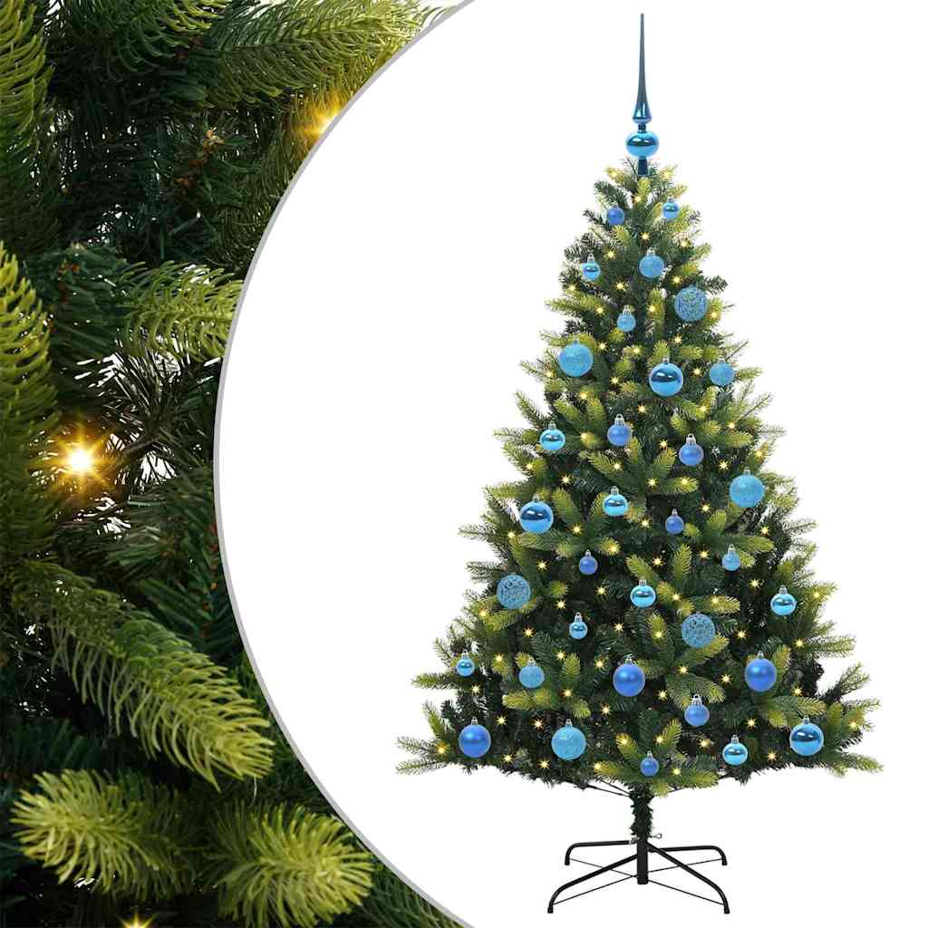 Kunstig hængslet juletræ med 150 LED-lys Grøn 150 cm PVC og PE