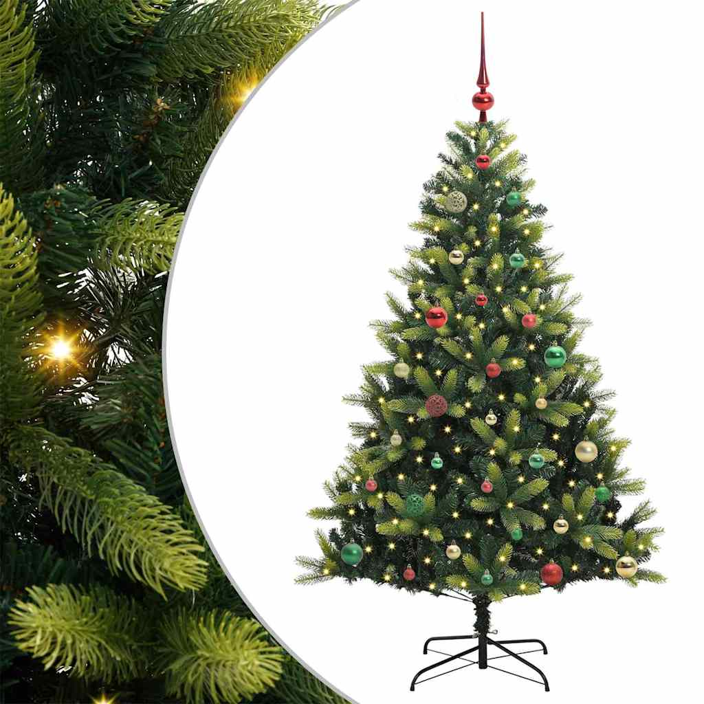 Kunstig hængslet juletræ med 150 LED-lys Grøn 150 cm PVC og PE