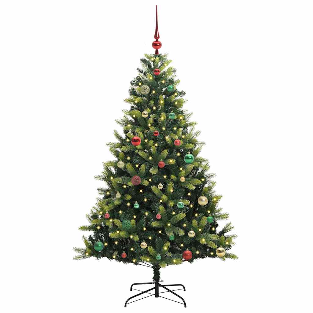 Kunstig hængslet juletræ med 150 LED-lys Grøn 150 cm PVC og PE