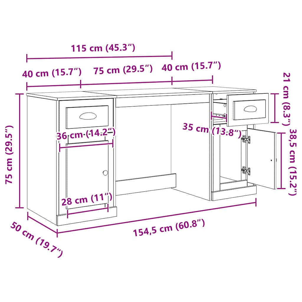 Skrivebord med skab Sort eg Konstrueret træ 154,5 x 50 x 75 cm