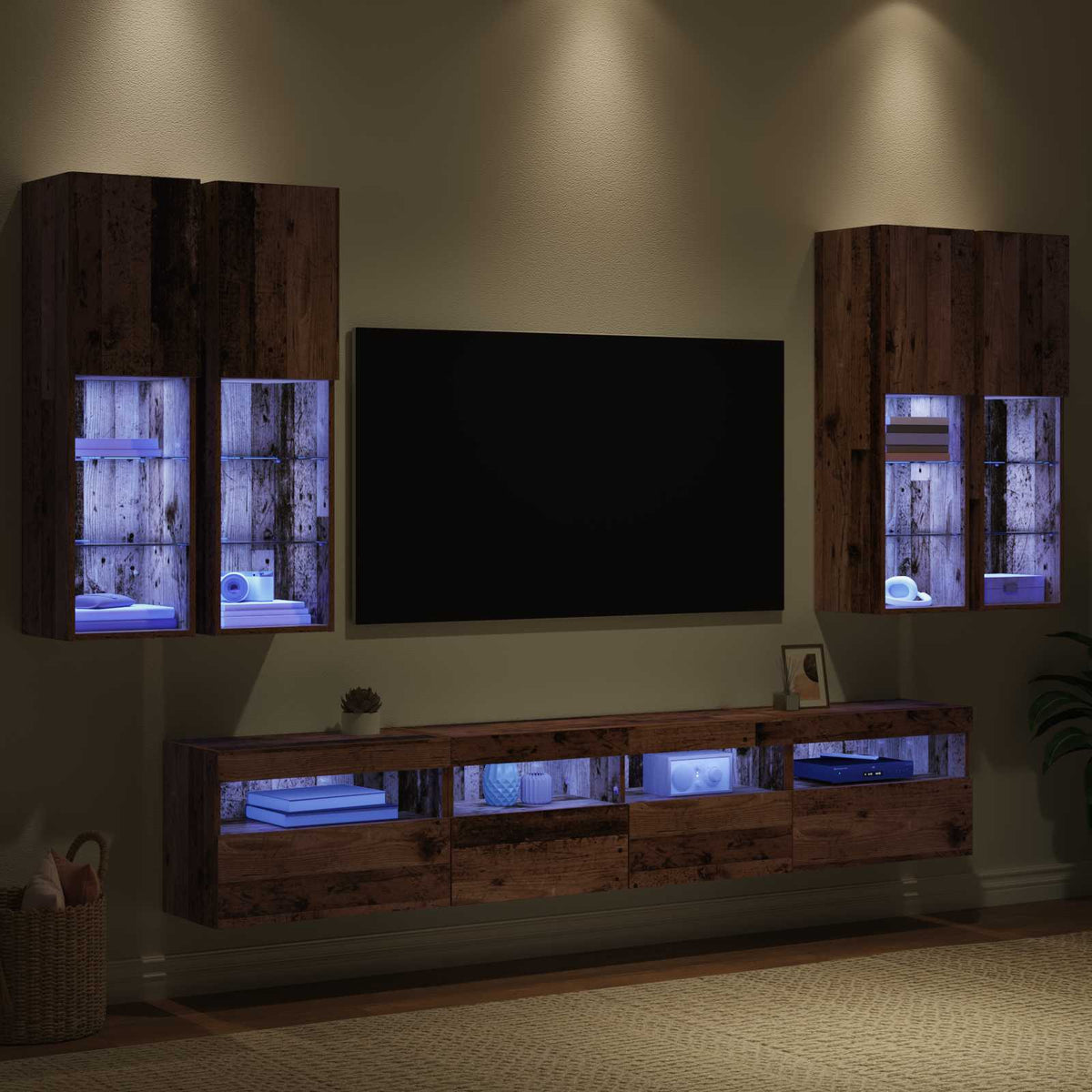 TV Væghængt Skabssæt med LED-lys 7 stk. Gammelt træ