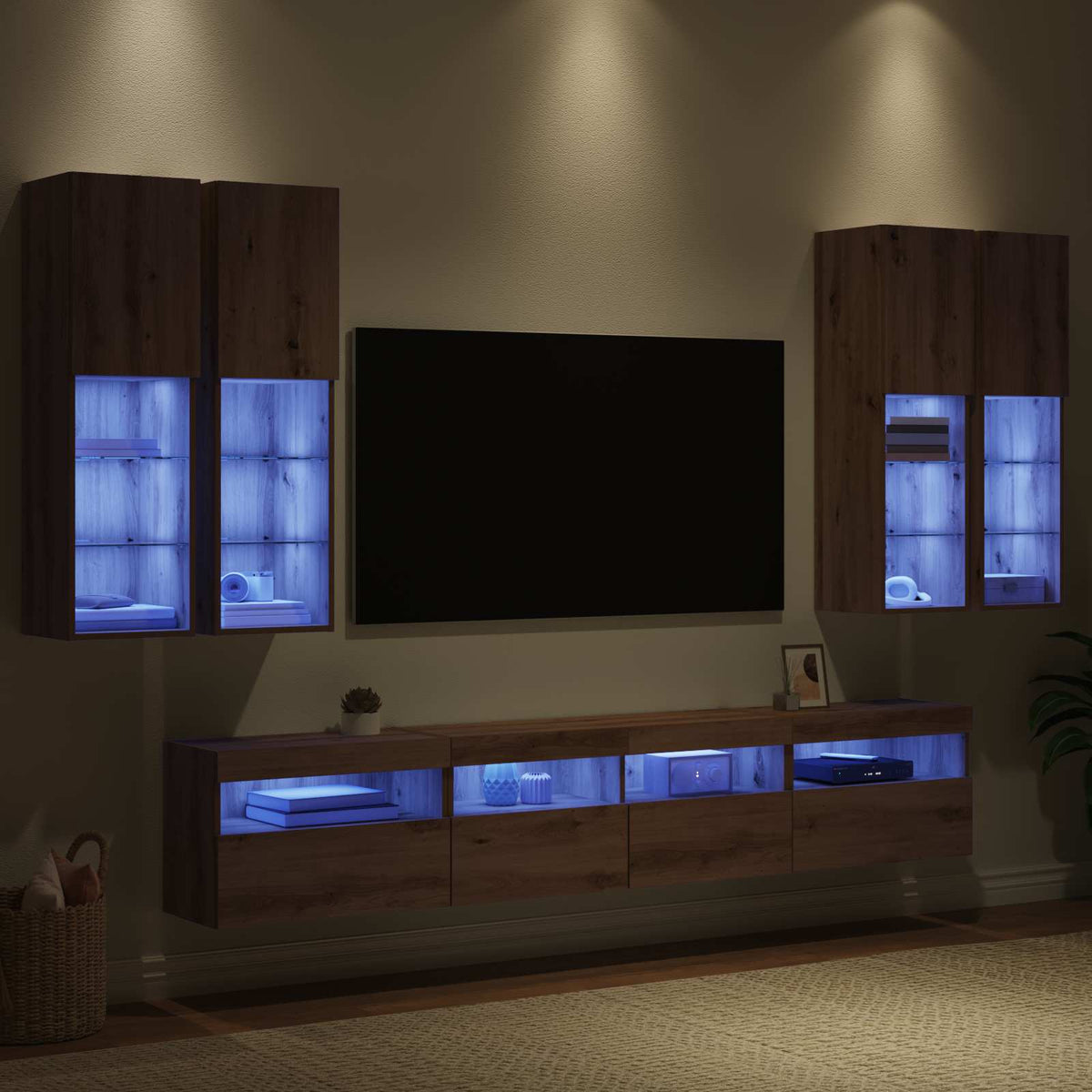 TV Væghængt Skabssæt med LED-lys 7 stk. artisan eg